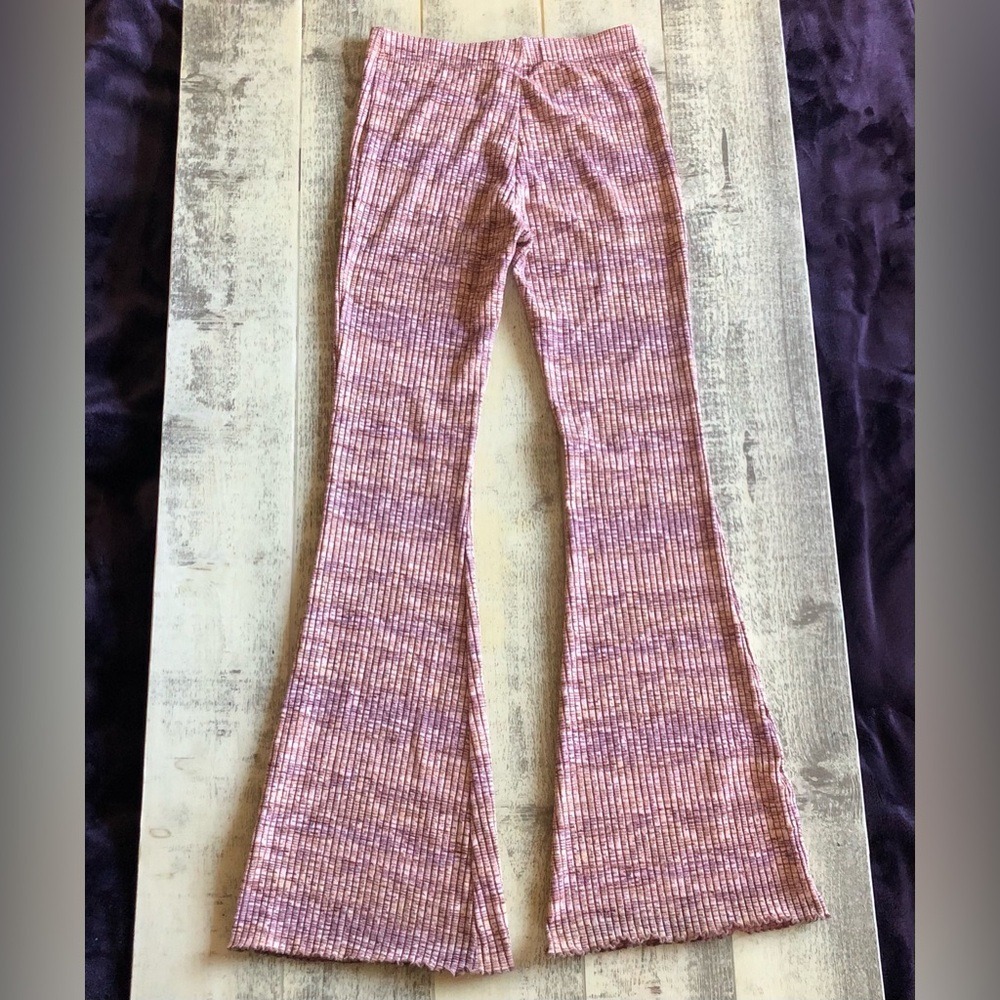 PULL AND BEAR Teen Large‎ Wide Flare Bell Botttom Ribbed Pants Multicolor Retro - Picture 3 of 10